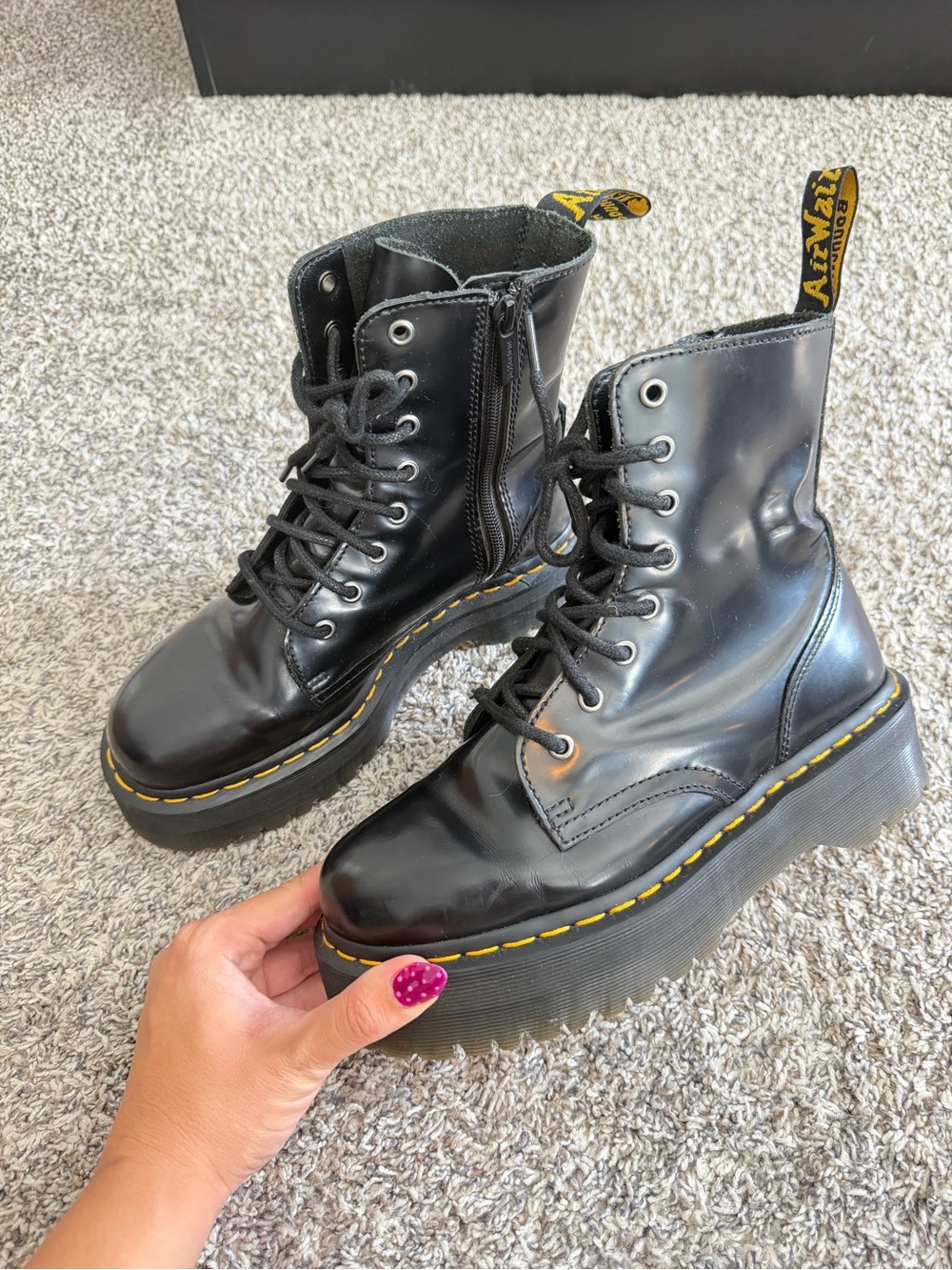 Dr. Martens Black Lace-Up Platform Boots with Yellow Stitching